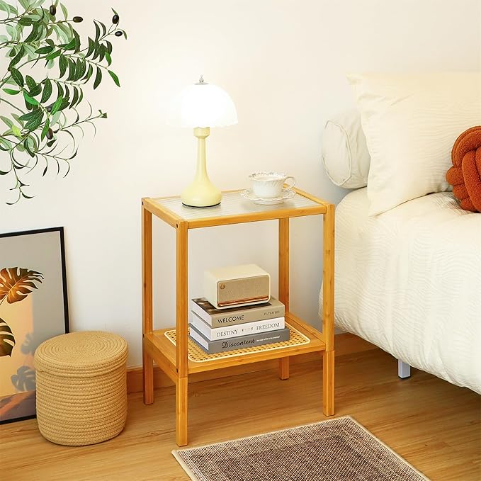 2-Tier Bamboo Side Table, Modern Glasstop Rattan Side Table, Mid Century Wood