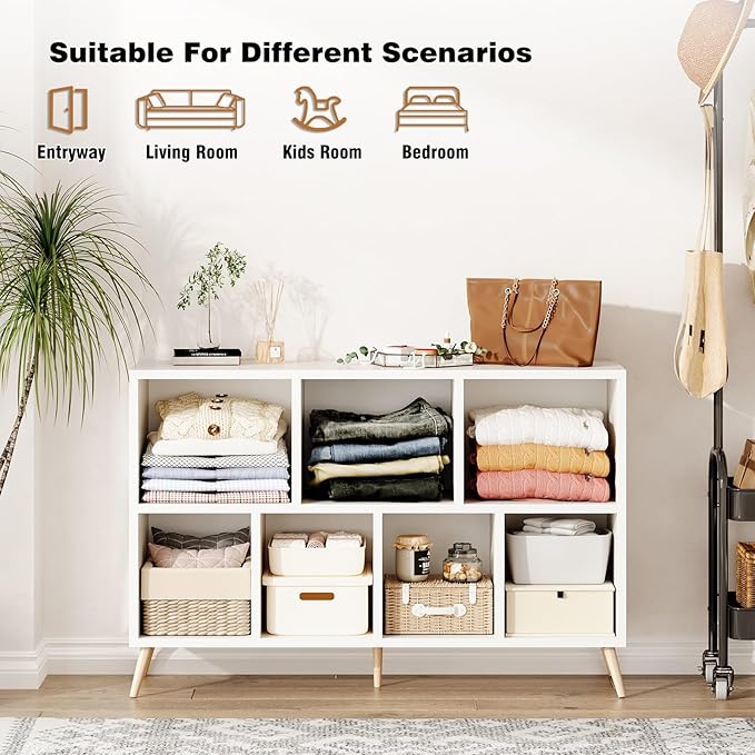 7-Cube Storage Organizer with Natural Wood Legs, Mid-Century Modern Bookcase