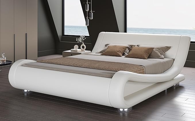 SHA CERLIN Queen Size Upholstered Bed Frame, Deluxe Low Profile Sleigh Bed