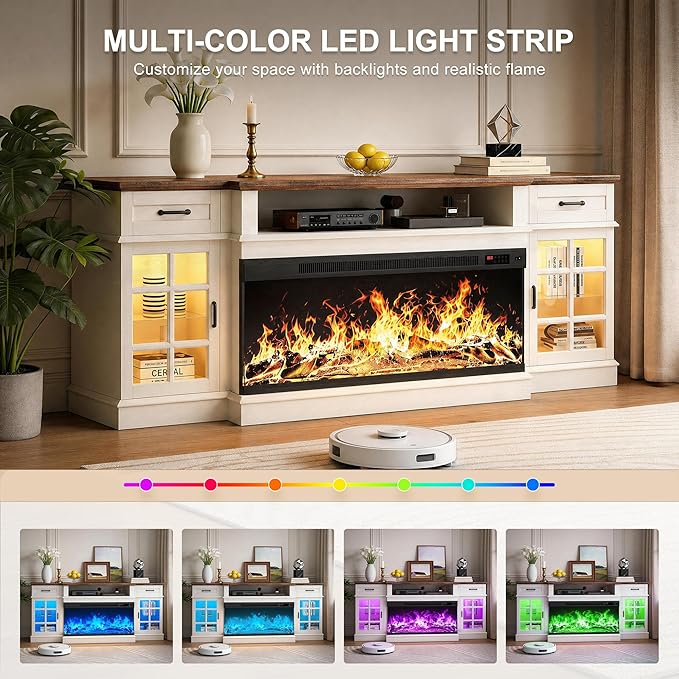 MXV 80" Fireplace TV Stand, 3-Sided Glass Fireplace and Modern Entertainment