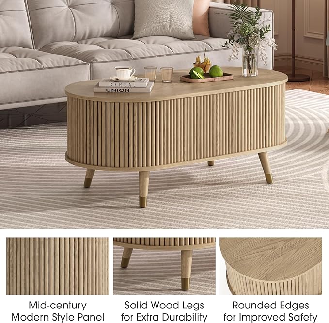 SULIVES Oval Coffee Table with Storage, Small Fluted Center Table