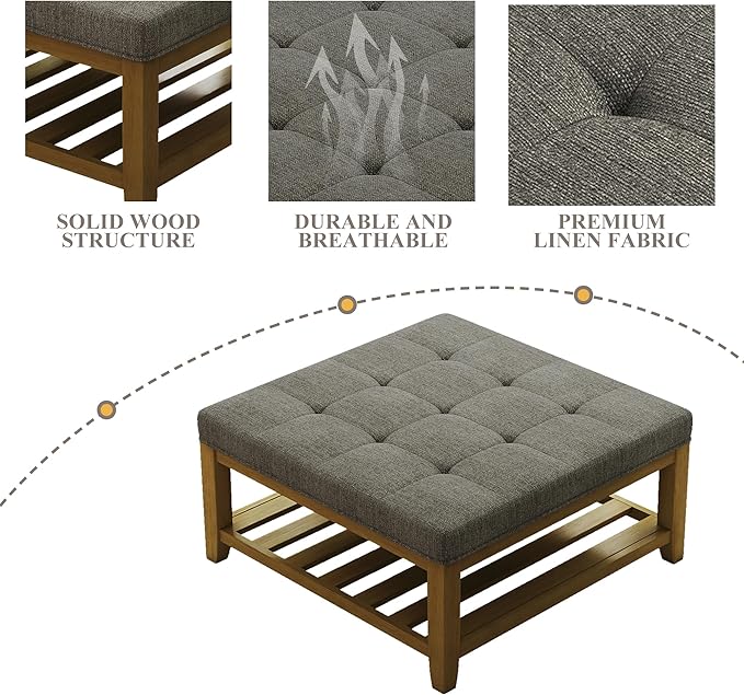 Befurtori Large Square Ottoman Coffee Table, Linen Solid Upholstered Footrest