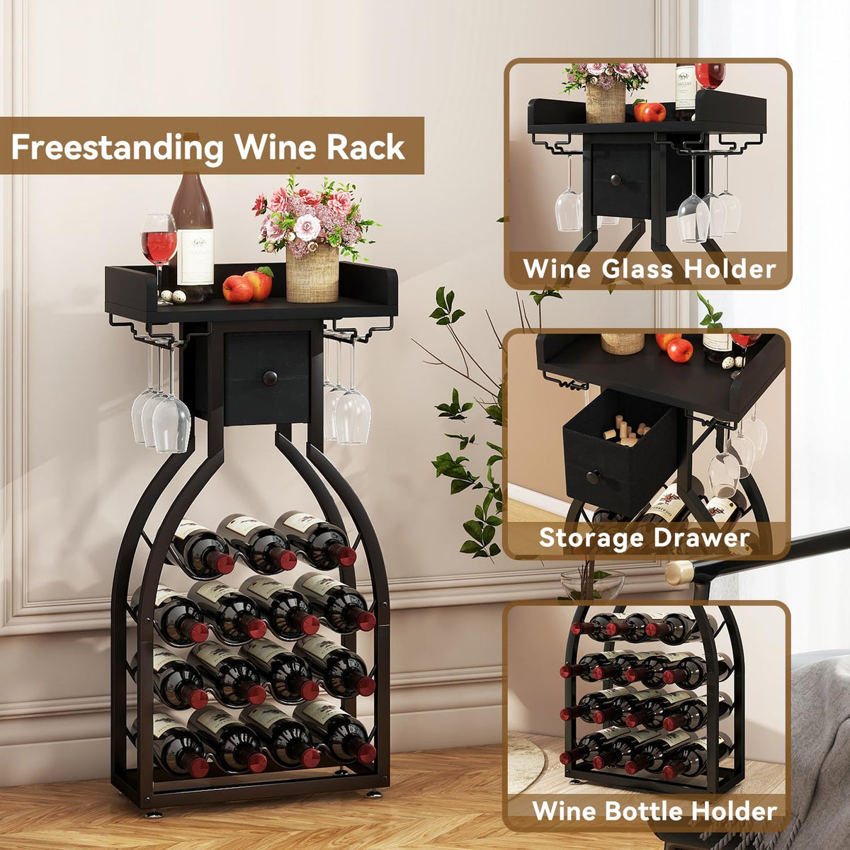 IBUYKE Wine Rack Freestanding Floor,Wine Storage 15 Bottles Bottle Rack with Glass Holders, Mini Bar Wine Cabinet with Storage Drawer for Home Bar Kitchen Dining Room,Black,UTMJ908B