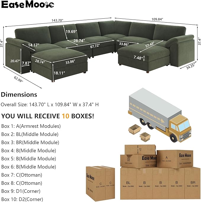 EASE MOOSE Oversized L Shaped Sectional Modular Sofa, Large U Shaped Sectional