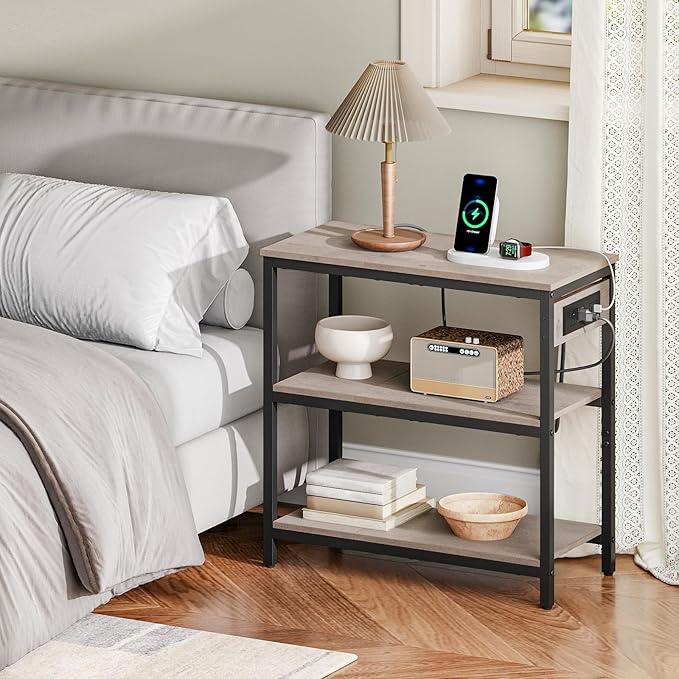 HOOBRO End Table with Charging Station, Simple Rustic Side Table with 3-Tier