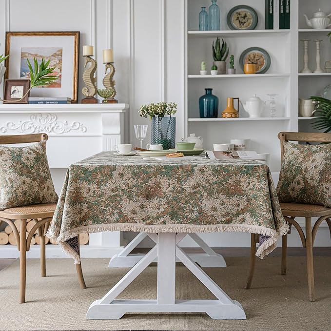 VClife Aesthetic Green and Beige Floral Table Cloth, Linen Texture Table Cloth