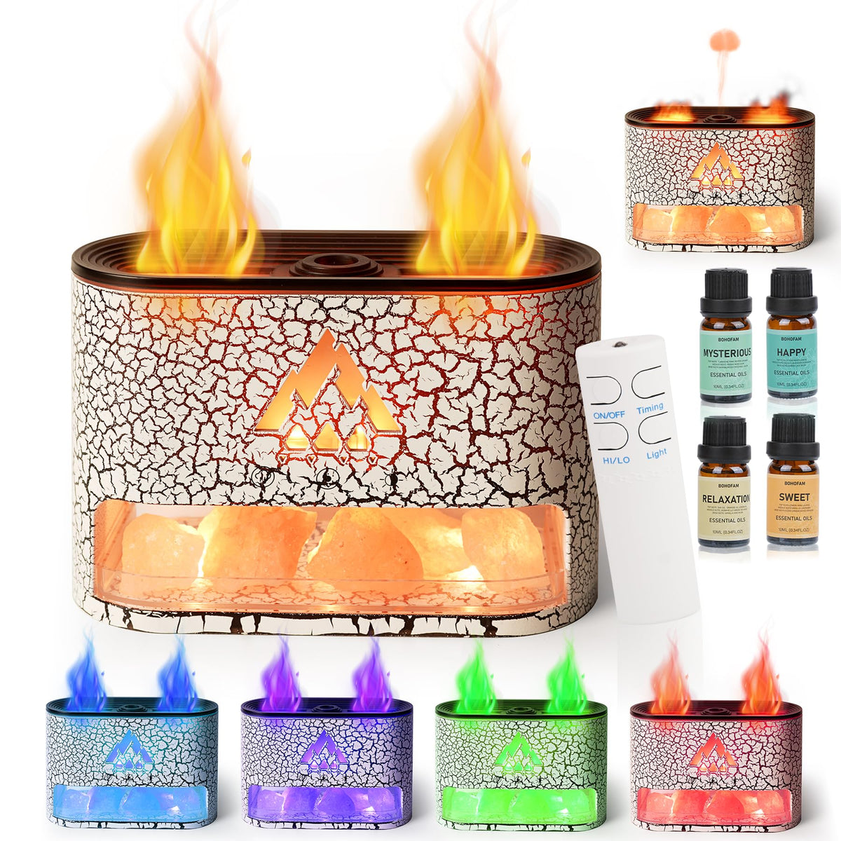 BOHOFAM Essential Oil Diffuser with Himalayan Salt lamp,Double Flame/Jellyfish 2 Mode Aroma Diffuser/Humidifier, Colorful Lights,4 * 10ML Hotel Collection Diffuser Oils Scents,for Home Bedroom(White)