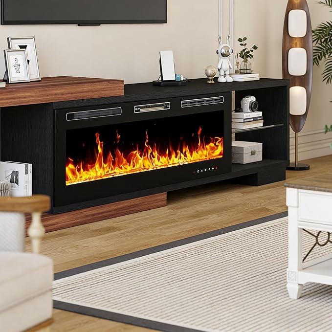 Extendable TV Stand with 50" Electric Fireplace, Modern LED Entertainment