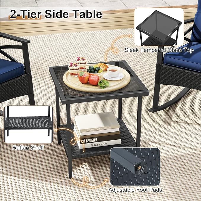 Tangkula 3 Pieces Outdoor Rocking Chairs Set, Rattan Heavy Duty Cushioned