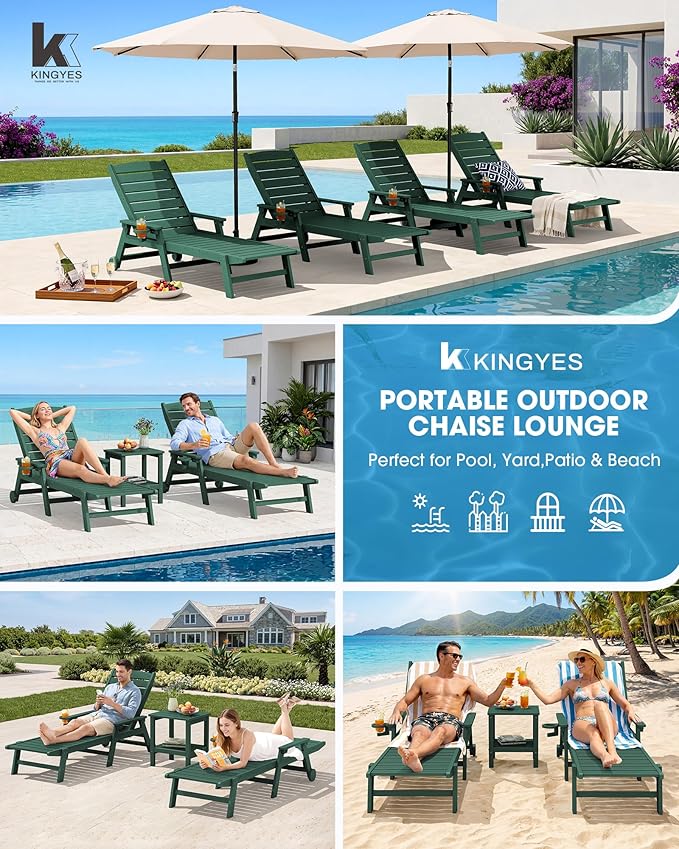 KINGYES HDPE Lounge Chair Outdoor Set of 4, Patio Chaise Lounge Recliner
