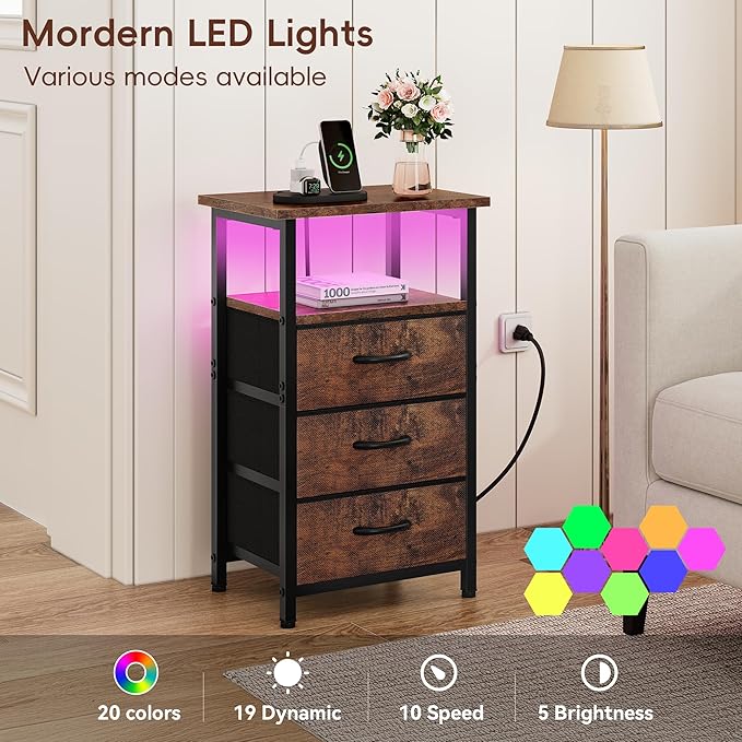 Vagusicc Night Stand with Charging Station, LED Nightstand