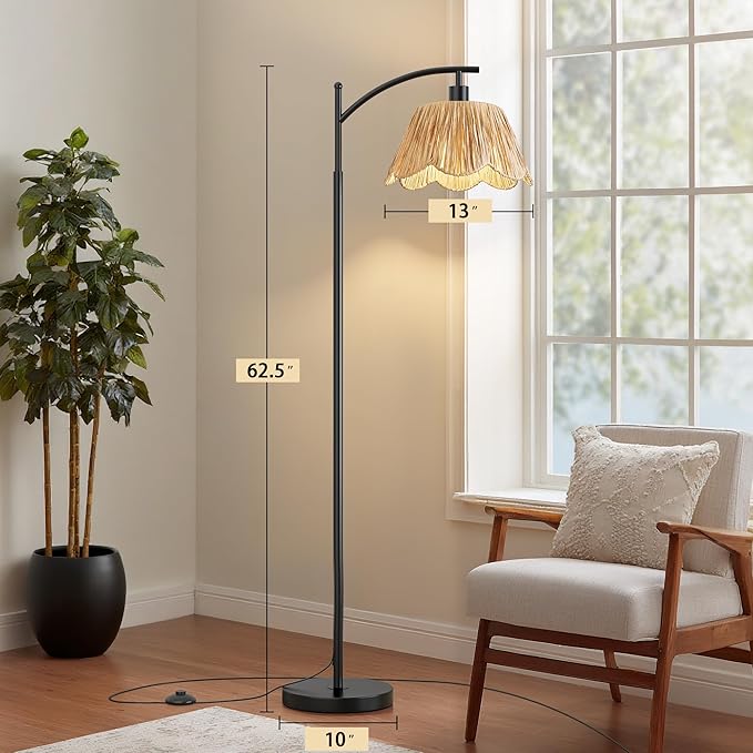 Oneach Arc Floor Lamp for Living Room, Rattan Boho Floor Lamp