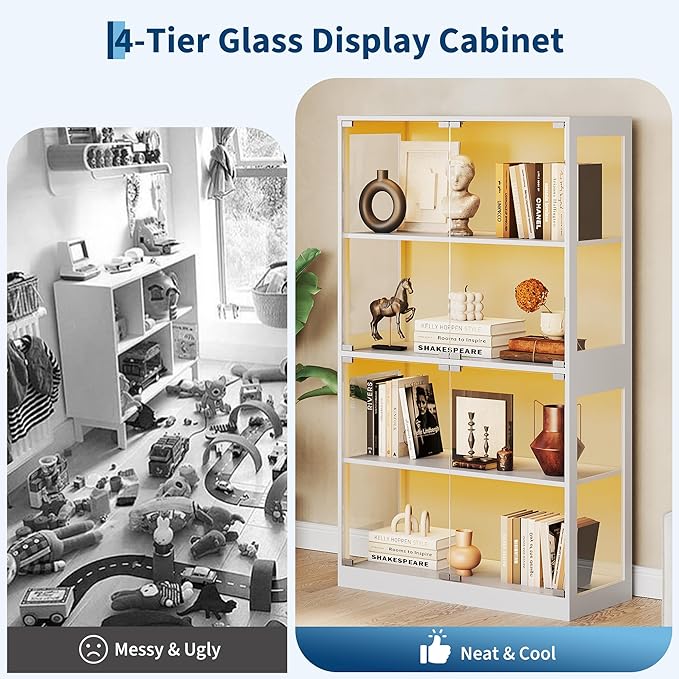 IDEALHOUSE Glass Display Cabinet 4-Tier, Curio Cabinets
