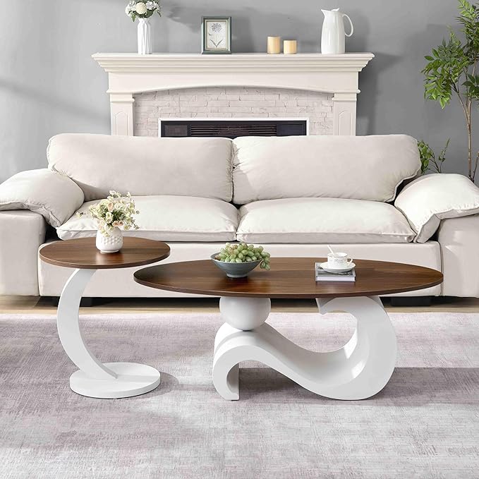 Modern Oval Coffee Table Set of 2, Wood Nesting Coffee Tables