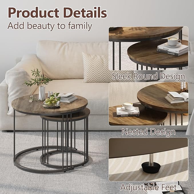 Garden 4 you Nesting Coffee Table, 23.6" Round Coffee Table Set of 2, Wooden