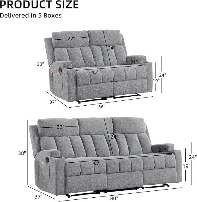 CANMOV Manual Recliner Sofa Set, Fabric Reclining Sofa Chair