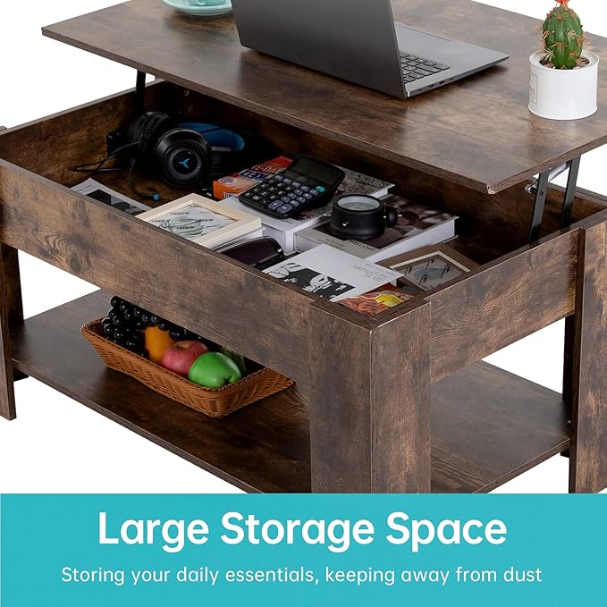 FDW Lift Top Coffee Table with Hidden Compartment and Storage Shelf Wooden Lift