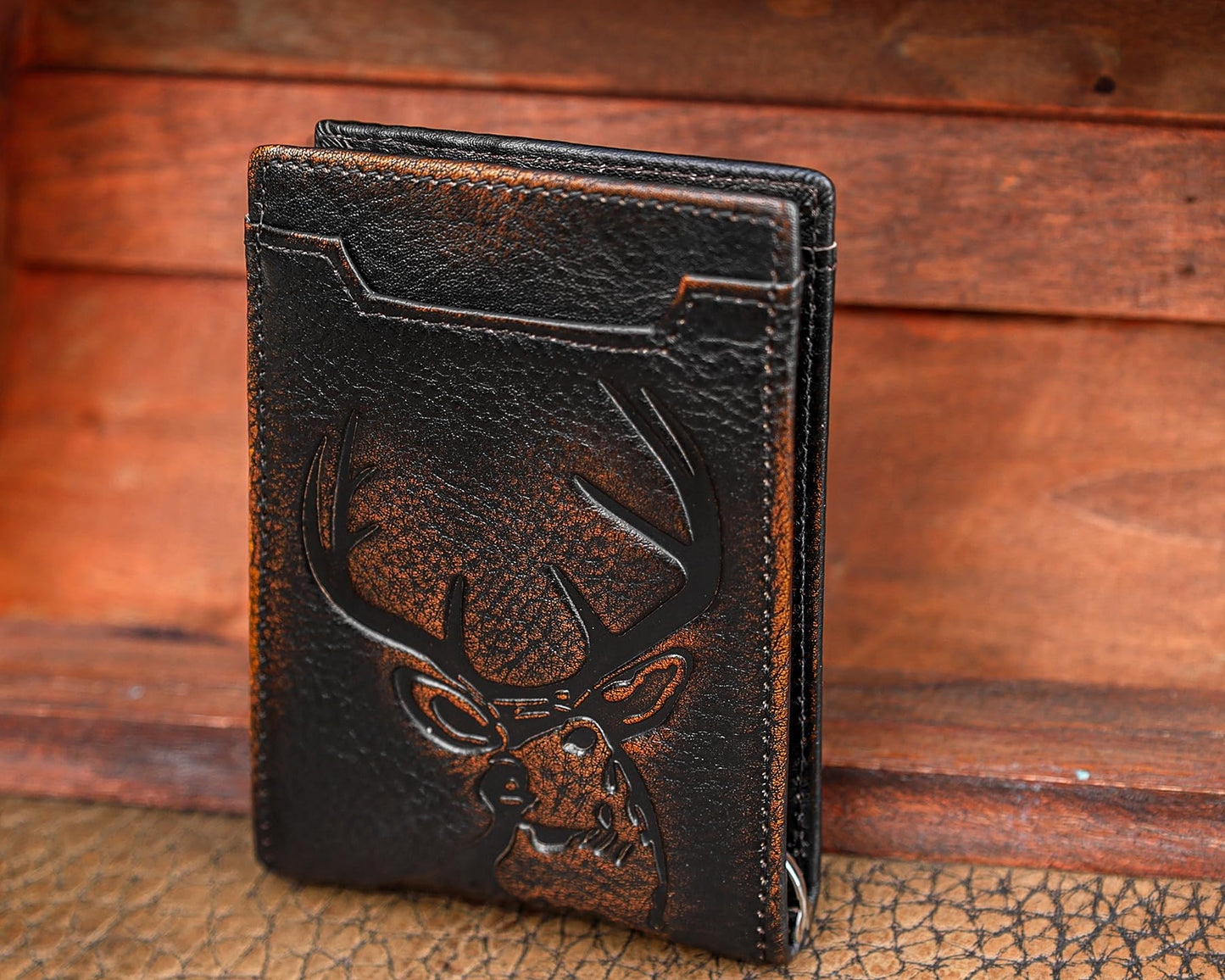 DK86 Mens Deer Slim Wallet with Money Clip Minimalist Bifold Front Pocket wallet for Men RFID Blocking Full Grain Leather with Hand Burnished