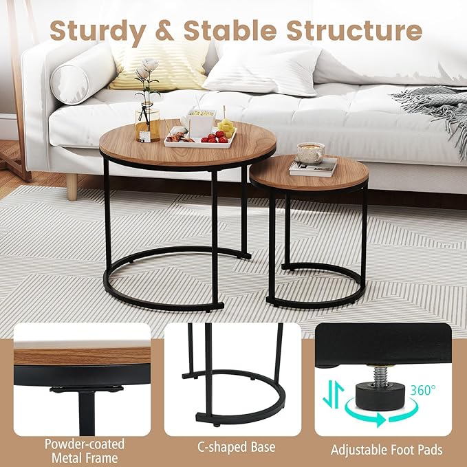 Giantex Nesting Coffee Table Set of 2, Round Stacking Side Tables w/Wooden