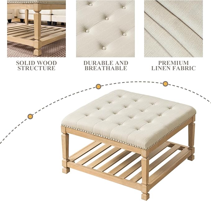 Befurtori Large Square Ottoman Coffee Table, Linen Solid Upholstered Footrest