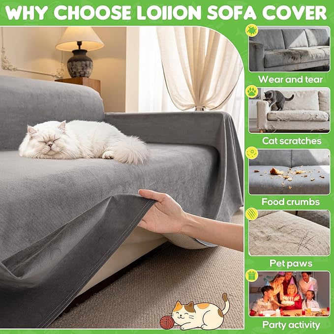 Loiion Velvet Sofa Cover, Ultra Soft Waterproof Non-Slip Couch Cover
