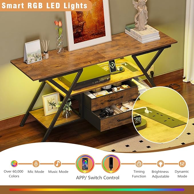 Simoretus TV Stand with Power Outlet and LED Lights, Fits TVs up to 65”