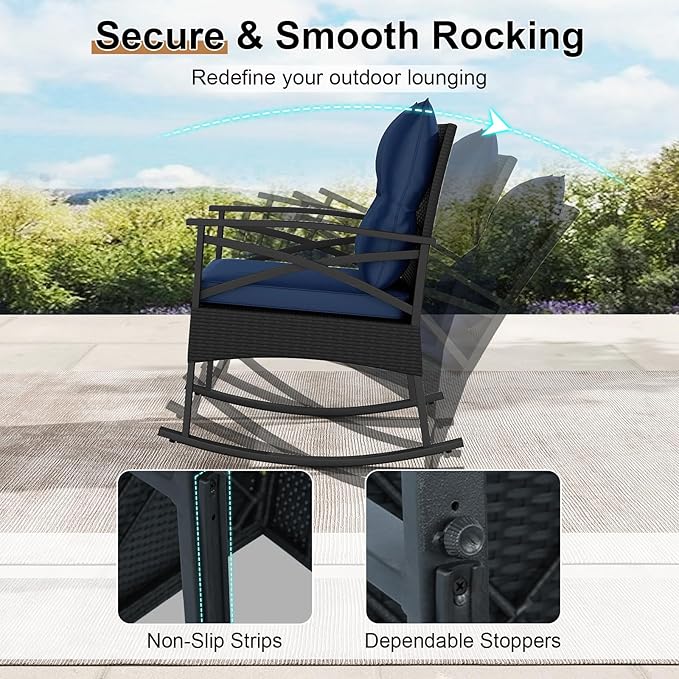Tangkula 3 Pieces Outdoor Rocking Chairs Set, Rattan Heavy Duty Cushioned
