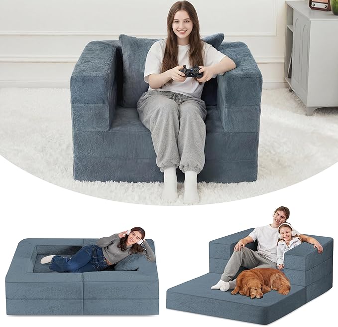 Folding Bean Bag Chair for Adults, 3-in-1 Bean Bag Couch Faux Fur Floor Sofa