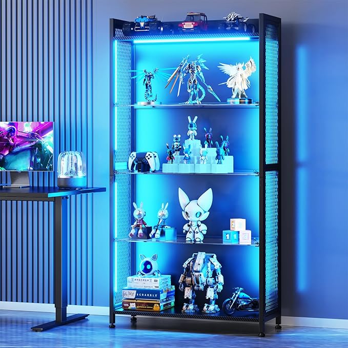 AODK Display Case with LED Lights, Display Cabinet with Glass Storage Shelves