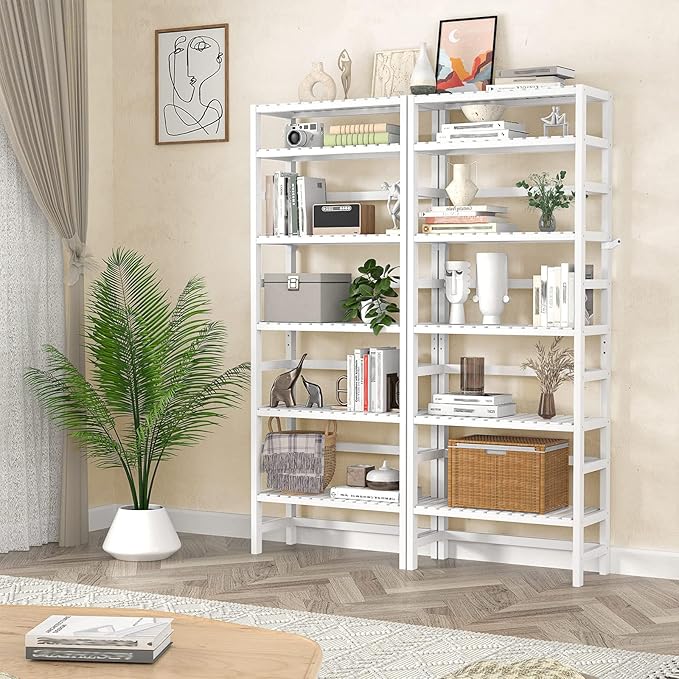 Homykic 6-Tier Bamboo Bookshelves and Bookcases, Adjustable 63.4”Tall Shallow