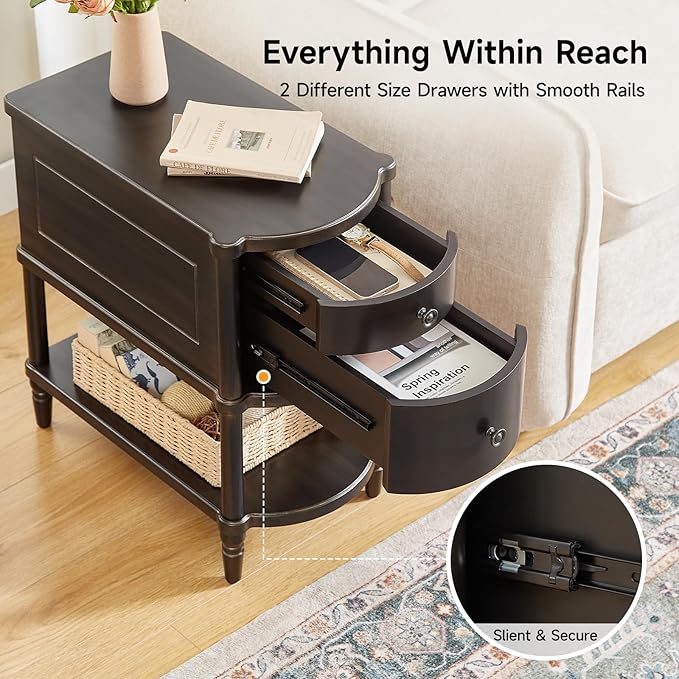 ONBRILL Narrow End Table with Charging Station, Pre-Assembled Nightstand with 2