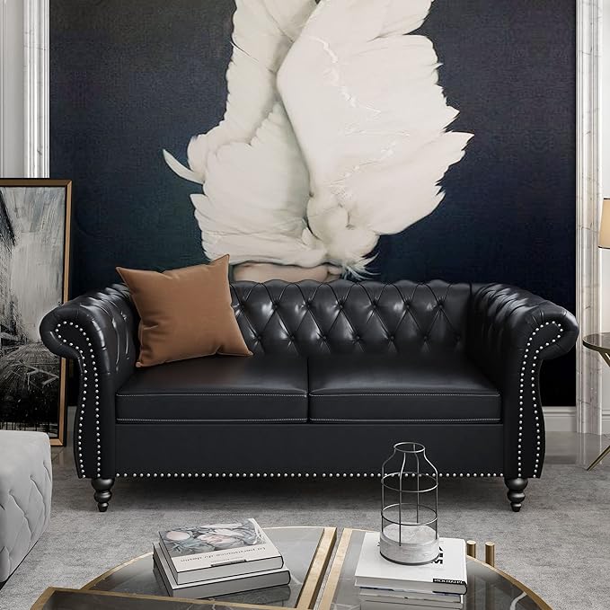 ORRD 2 Pieces Living Room Set, Chesterfield Leather Sofa Loveseat Couch