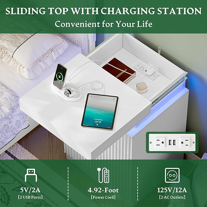Xixini Nightstand with Charging Station and LED Lights, Fluted Night Stand with