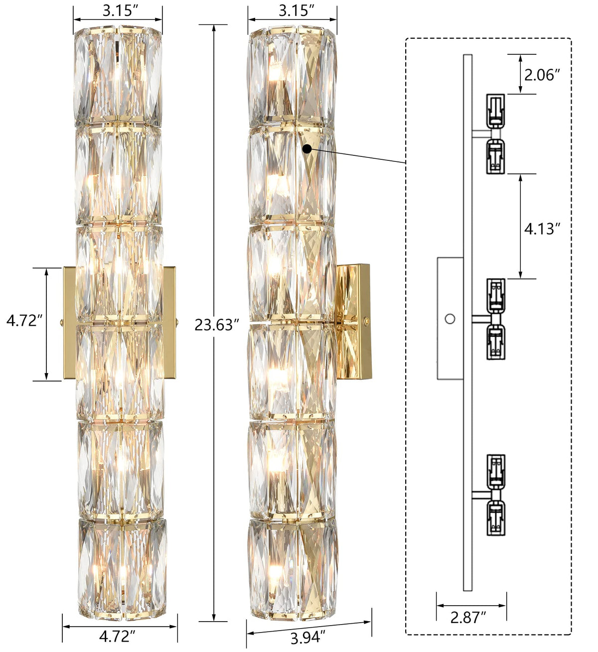 SAMTEEN 24-Inch Crystal Wall Sconce Gold Sconces Wall Lighting Mid-Century Modern 6-Light Luxury Brass Glass Wall Light Fixture for Bedroom Hallway Bathroom Vanity Light Fixtures
