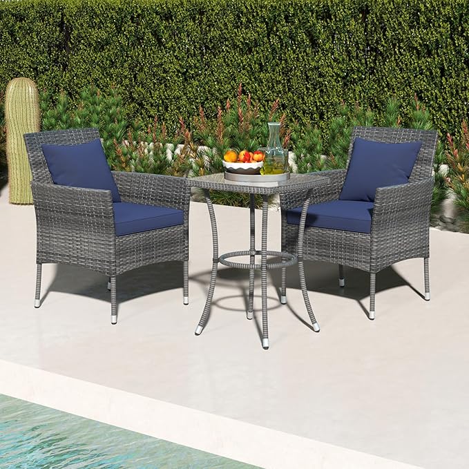 Tangkula 3-Piece Patio Furniture Set, PE Wicker Conversation Bistro Set w/A