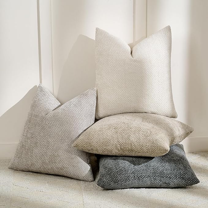 Volcanics Boho Throw Pillow Covers 18x18 Set of 4, Neutral Chenille Decorative