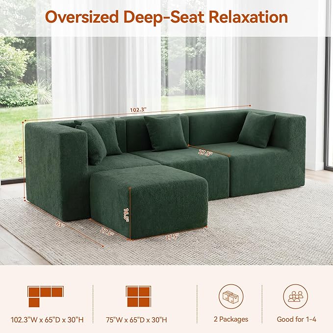 MONVANE 103'' Modular Sectional Sofa, Comfy Teddy Velvet Cloud Couch