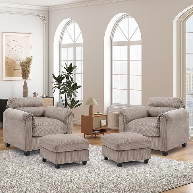 HAOMARKETS Corduroy 4-Piece Sofa Set, Upholstered Ottoman Set of 2 and Accent