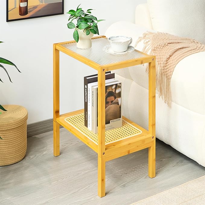 2-Tier Bamboo Side Table, Modern Glasstop Rattan Side Table, Mid Century Wood