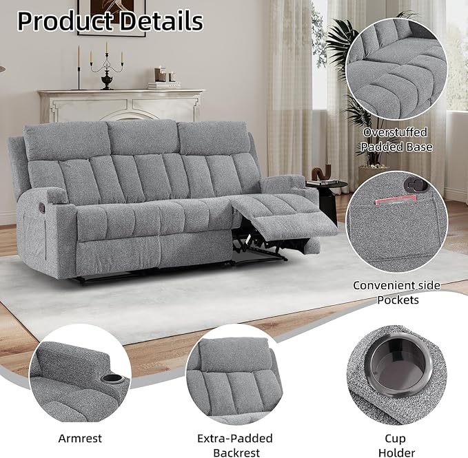 CANMOV Manual Recliner Sofa Set, Fabric Reclining Sofa Chair