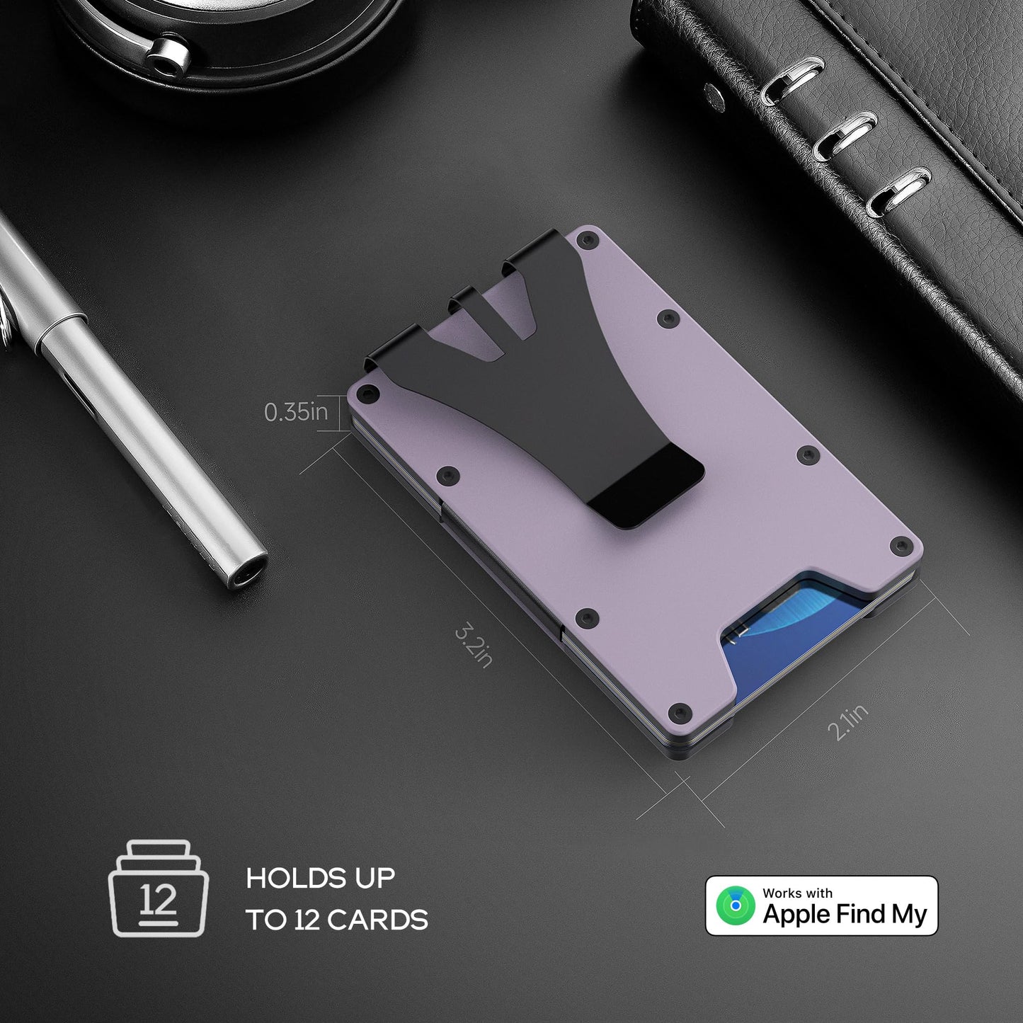 QEG Minimalist Wallet for Men, Slim Wallet with Cash Strap, RFID Blocking Metal Card Holder, Compact Pocket Wallet Ideal Gift for Men, Super Thin Card Clip Hold up to 12 Credit Cards (Purple)