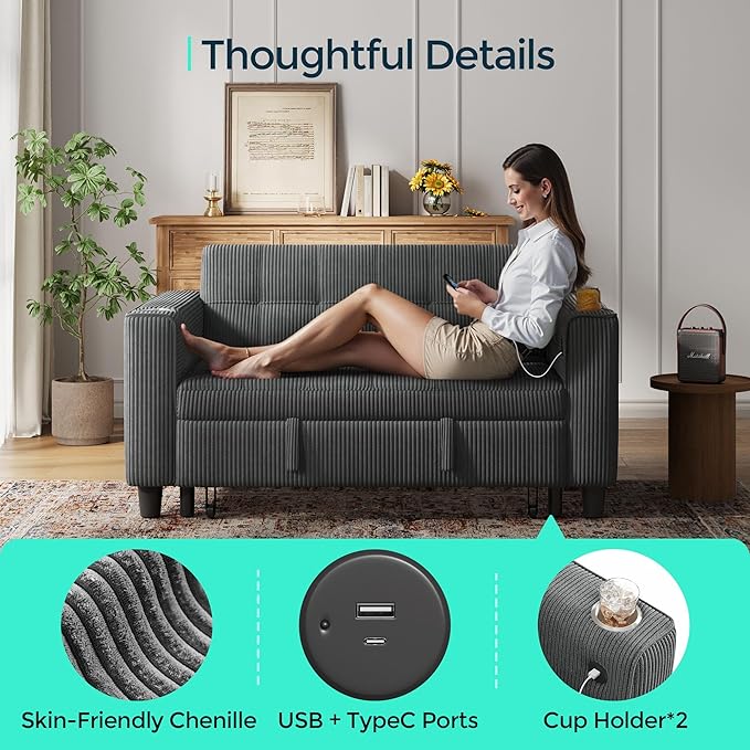 LINSY 54" Pull Out Couch with Charging Station