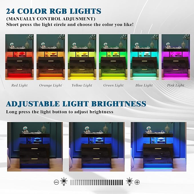 WOOVIVS Night Stand with Light, High Gloss Nightstand with USB/Wireless