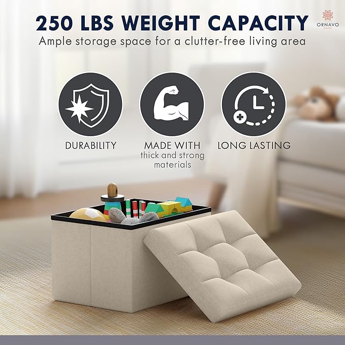 Ornavo Home Small Storage Ottoman, Foldable Collapsible Rectangle Linen Ottoman