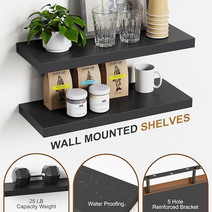 Bellsal 2-Pack Black Modern Floating Shelves, Living Room, Bathroom Storage
