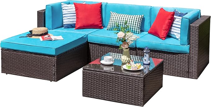 Vongrasig 5 Piece Furniture Sets, All-Weather Brown PE Wicker Outdoor Couch