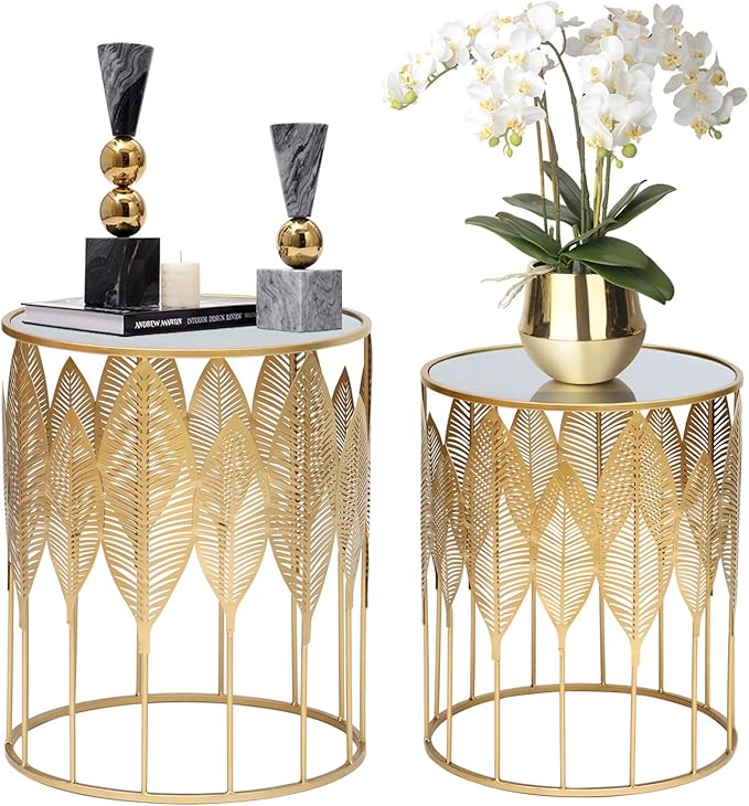 Homebeez Gold Nesting Tables Set of 2, Glam Leaf Design Round End Table