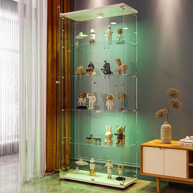 FANYUSHOW Display Cabinet with Glass Door and LED Light, 5-Tier Tempered Glass
