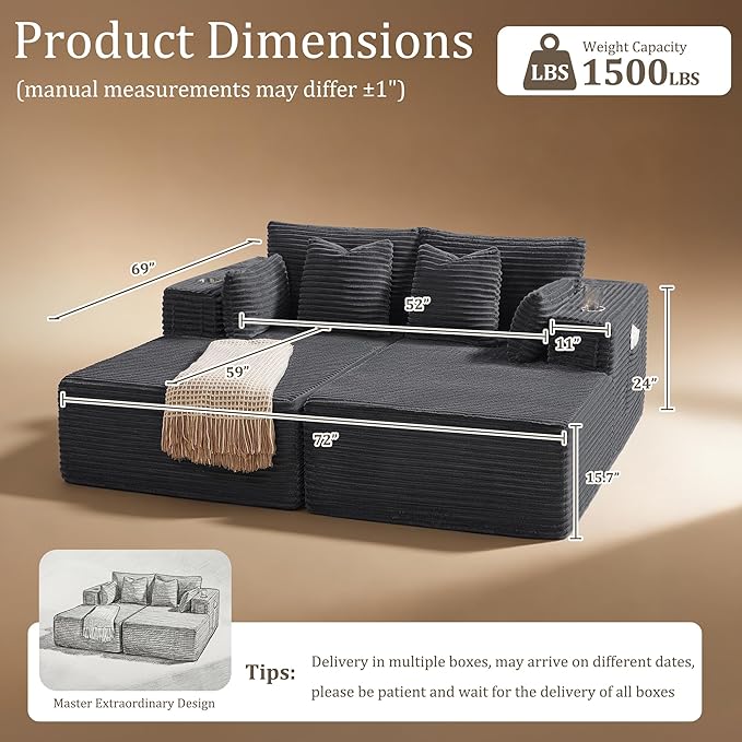72" Cloud Sectional Couch, Comfort Sleep Sofa