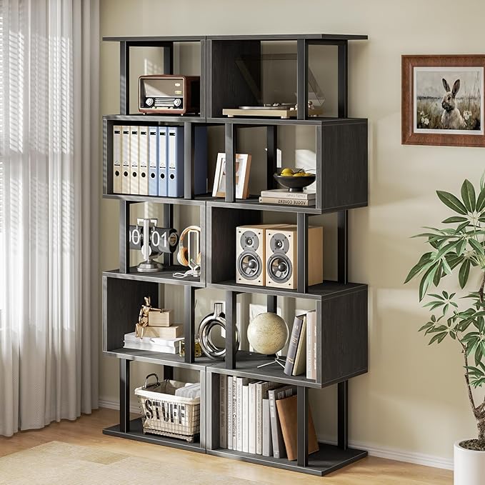 Furologee 6 Tier Bookshelf Tall Geometric Bookcase, S Shaped Industrial Display
